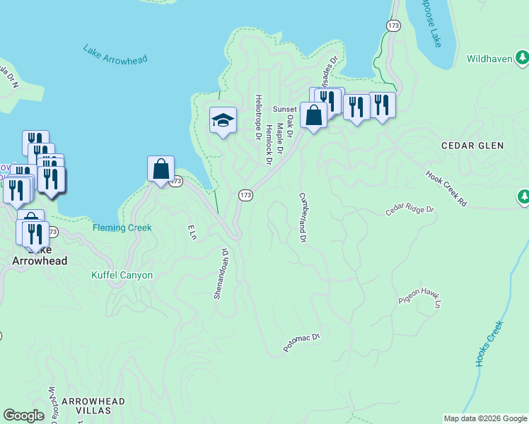 map of restaurants, bars, coffee shops, grocery stores, and more near 137 Mill Pond Road in Lake Arrowhead