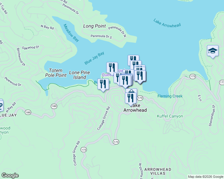 map of restaurants, bars, coffee shops, grocery stores, and more near 27981 Lakes Edge Road in Lake Arrowhead