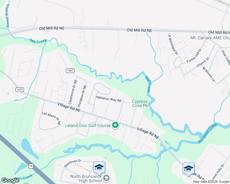 map of restaurants, bars, coffee shops, grocery stores, and more near 9731 Apple Road Northeast in Leland