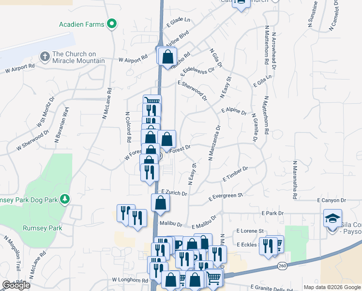 map of restaurants, bars, coffee shops, grocery stores, and more near 806 North Easy Street in Payson