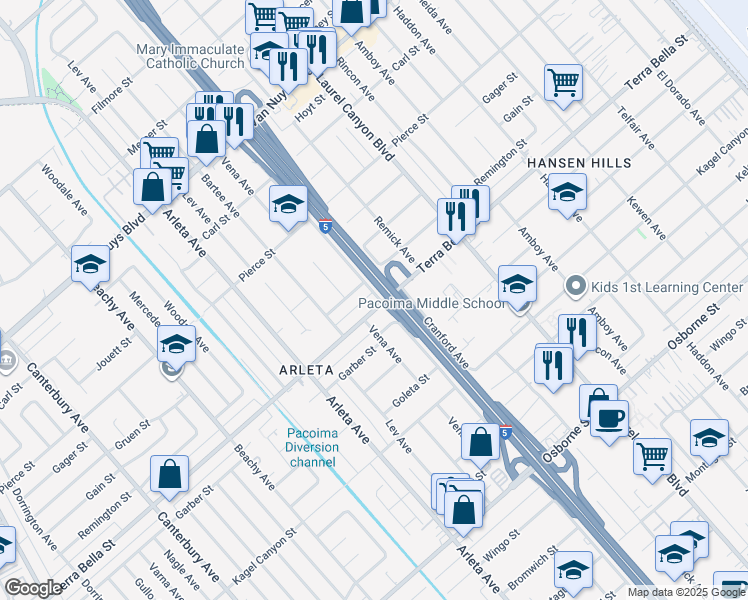map of restaurants, bars, coffee shops, grocery stores, and more near 13601 Terra Bella Street in Los Angeles