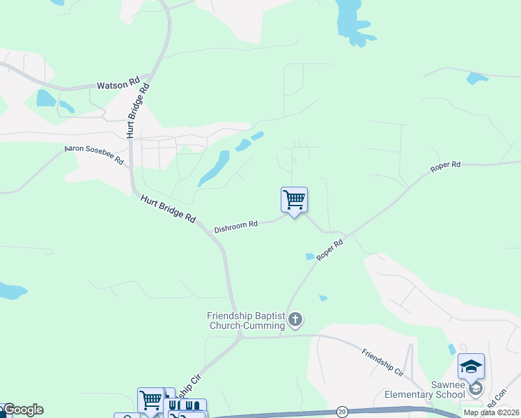map of restaurants, bars, coffee shops, grocery stores, and more near 2960 Dishroom Road in Cumming