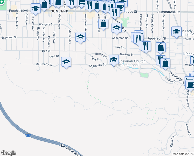 map of restaurants, bars, coffee shops, grocery stores, and more near 7916 Glenties Lane in Los Angeles