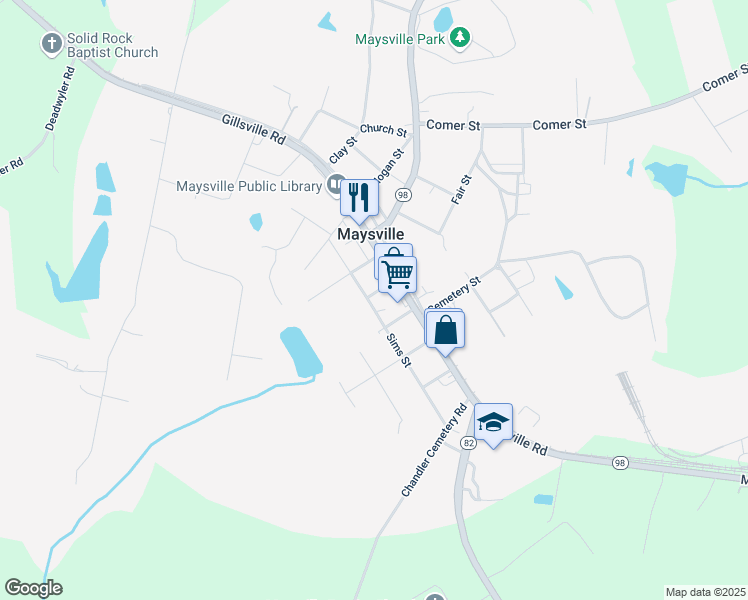 map of restaurants, bars, coffee shops, grocery stores, and more near 362 Sims Street in Maysville