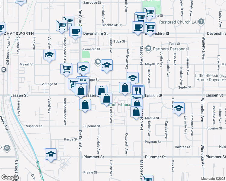 map of restaurants, bars, coffee shops, grocery stores, and more near 20655 Lemmer Street in Los Angeles