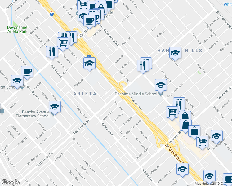 map of restaurants, bars, coffee shops, grocery stores, and more near 13601 Terra Bella Street in Los Angeles