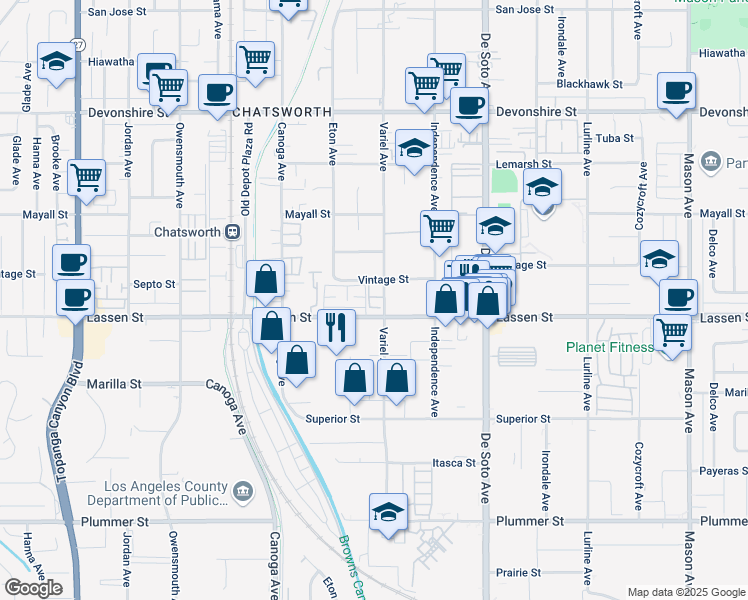 map of restaurants, bars, coffee shops, grocery stores, and more near 9925 Variel Avenue in Los Angeles