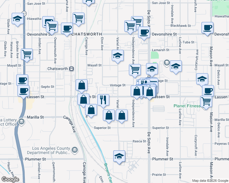 map of restaurants, bars, coffee shops, grocery stores, and more near 9925 Variel Avenue in Los Angeles