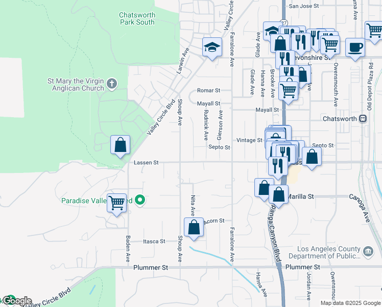 map of restaurants, bars, coffee shops, grocery stores, and more near 22333 Lassen Street in Los Angeles