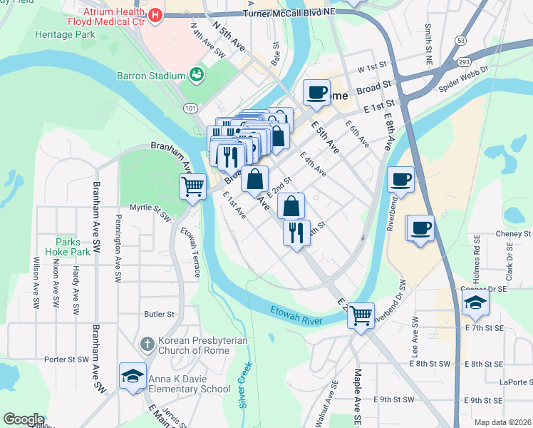 map of restaurants, bars, coffee shops, grocery stores, and more near 200 East 2nd Avenue in Rome