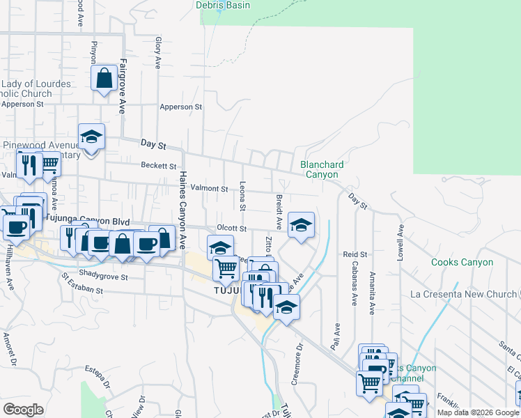 map of restaurants, bars, coffee shops, grocery stores, and more near 6538 Valmont Street in Los Angeles