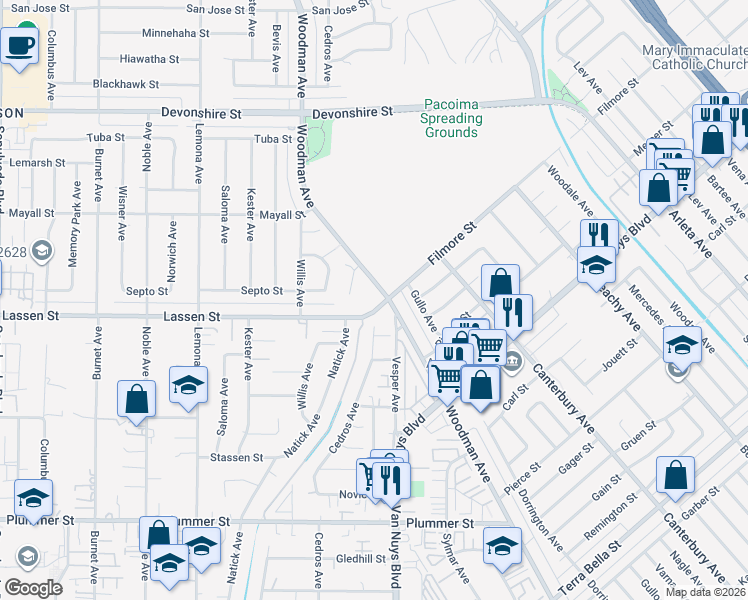 map of restaurants, bars, coffee shops, grocery stores, and more near 9918 Woodman Avenue in Los Angeles