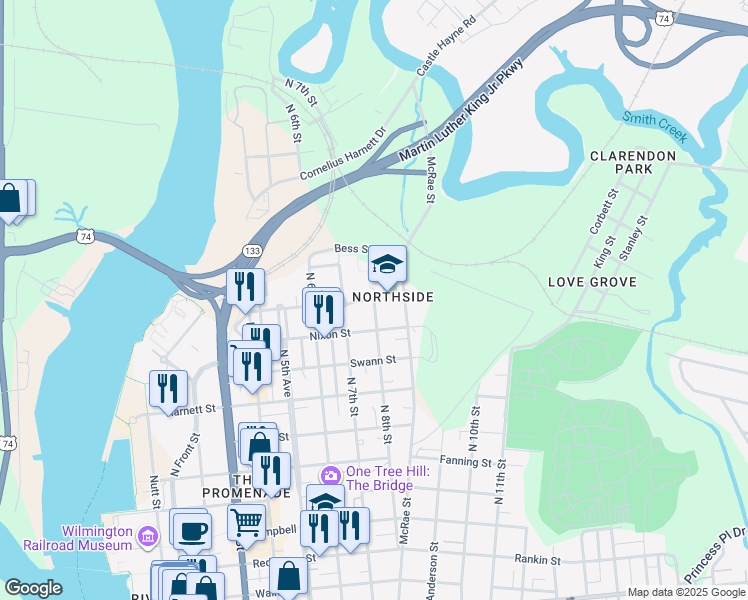map of restaurants, bars, coffee shops, grocery stores, and more near 717 Taylor St in Wilmington