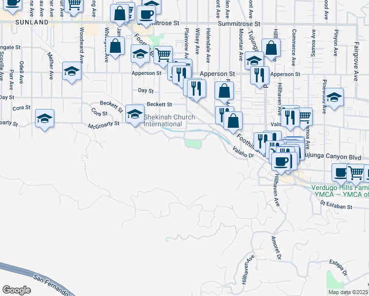 map of restaurants, bars, coffee shops, grocery stores, and more near 7580 McGroarty Terrace in Los Angeles