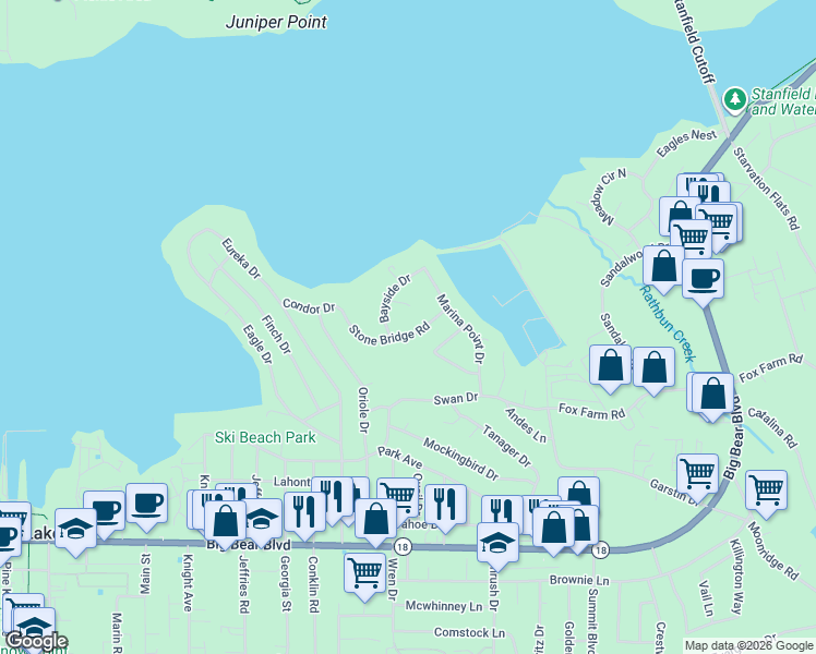 map of restaurants, bars, coffee shops, grocery stores, and more near 41574 Stone Bridge Road in Big Bear Lake