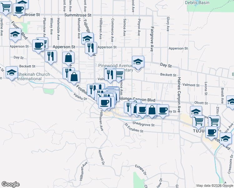 map of restaurants, bars, coffee shops, grocery stores, and more near 10026 Commerce Avenue in Los Angeles