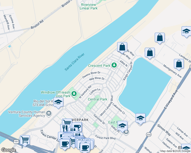 map of restaurants, bars, coffee shops, grocery stores, and more near 680 Owens River Drive in Oxnard