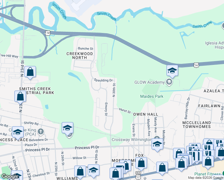 map of restaurants, bars, coffee shops, grocery stores, and more near 1107 North 30th Street in Wilmington