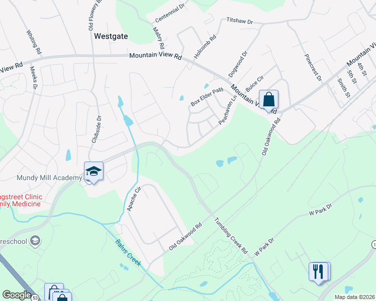 map of restaurants, bars, coffee shops, grocery stores, and more near 4310 Pear Haven Lane in Gainesville