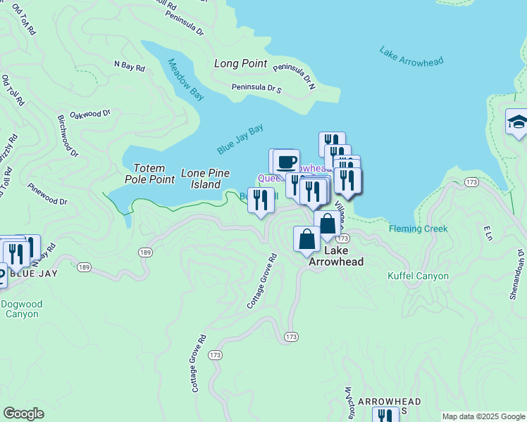 map of restaurants, bars, coffee shops, grocery stores, and more near 308 Villa in Lake Arrowhead