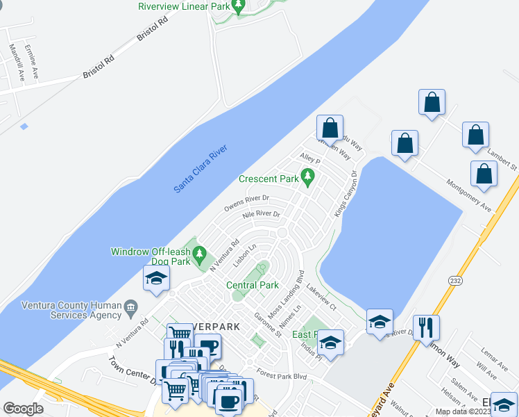 map of restaurants, bars, coffee shops, grocery stores, and more near 691 Nile River Drive in Oxnard