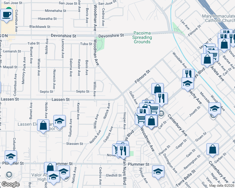 map of restaurants, bars, coffee shops, grocery stores, and more near 9918 Woodman Avenue in Los Angeles