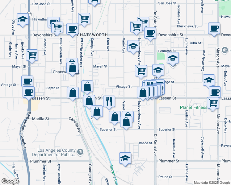 map of restaurants, bars, coffee shops, grocery stores, and more near 21145 Lassen Street in Los Angeles