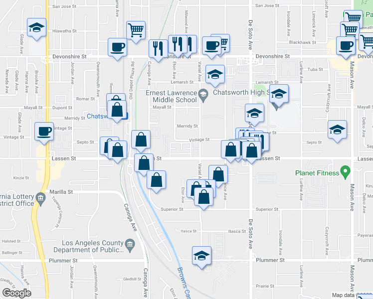 map of restaurants, bars, coffee shops, grocery stores, and more near 21209 Lassen Street in Los Angeles