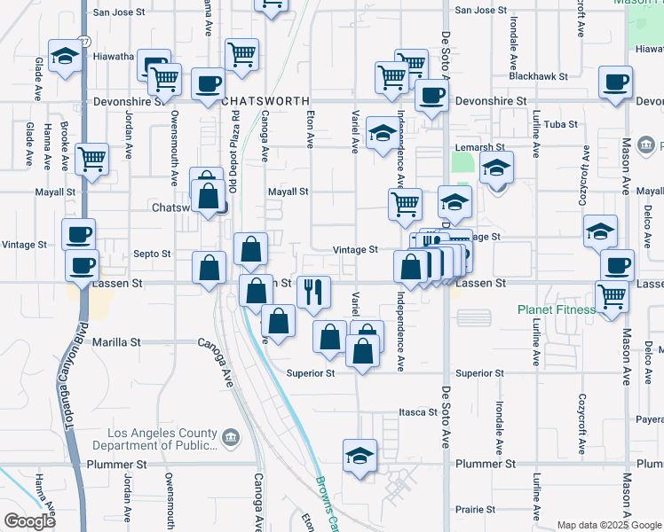 map of restaurants, bars, coffee shops, grocery stores, and more near 21157 Lassen Street in Los Angeles