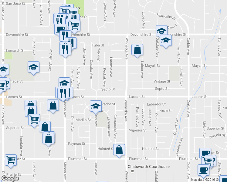 map of restaurants, bars, coffee shops, grocery stores, and more near 20201 Septo Street in Los Angeles