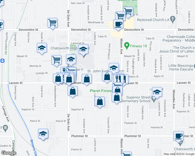 map of restaurants, bars, coffee shops, grocery stores, and more near 20651 Lemmer Street in Chatsworth
