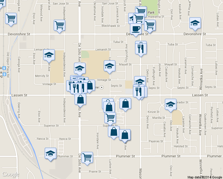 map of restaurants, bars, coffee shops, grocery stores, and more near 20655 Lemmer Street in Los Angeles