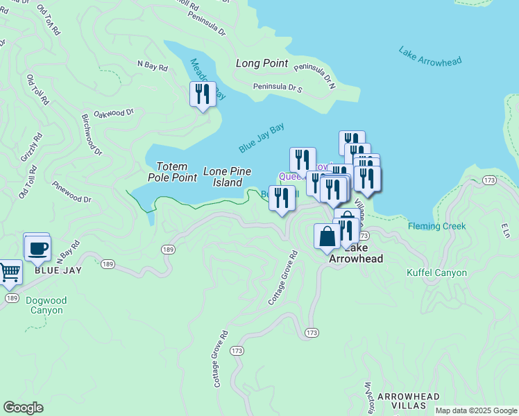 map of restaurants, bars, coffee shops, grocery stores, and more near 187 Cedar Circle in Lake Arrowhead