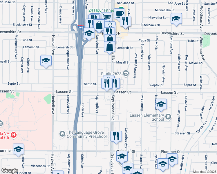 map of restaurants, bars, coffee shops, grocery stores, and more near 15429 Septo Street in Los Angeles