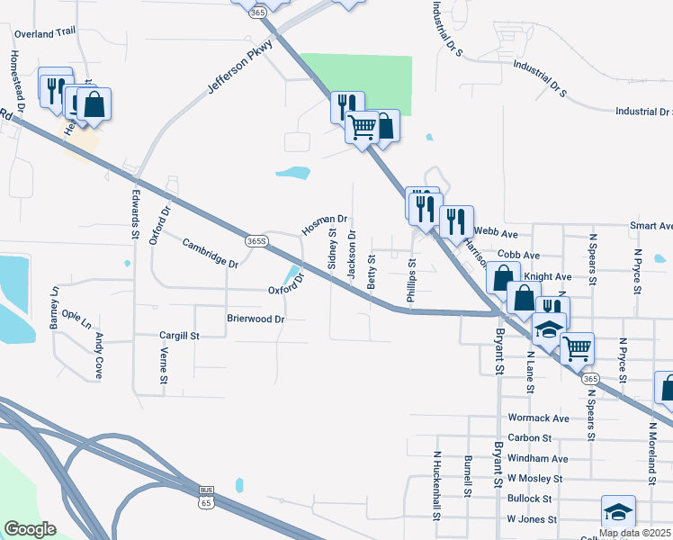 map of restaurants, bars, coffee shops, grocery stores, and more near 6405 Sheridan Road in Pine Bluff