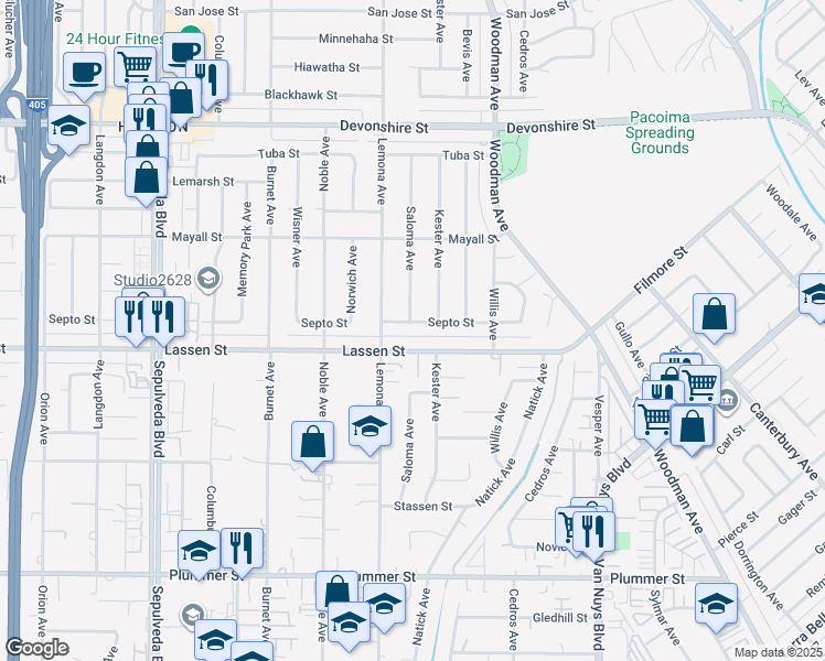 map of restaurants, bars, coffee shops, grocery stores, and more near 14926 Septo Street in Los Angeles