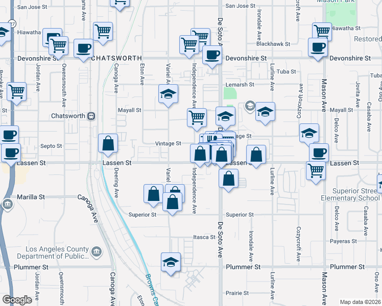 map of restaurants, bars, coffee shops, grocery stores, and more near 9917 Independence Avenue in Los Angeles