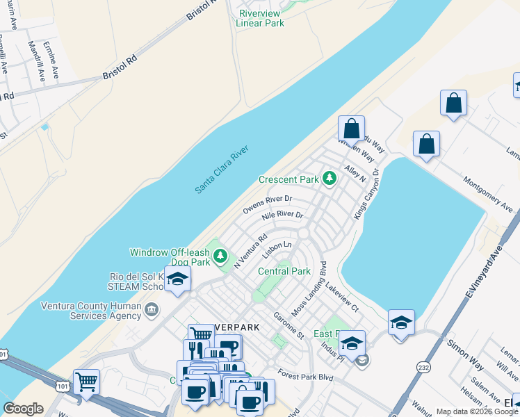 map of restaurants, bars, coffee shops, grocery stores, and more near 708 Owens River Drive in Oxnard