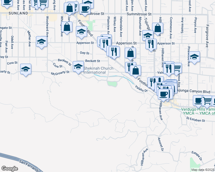 map of restaurants, bars, coffee shops, grocery stores, and more near 7580 McGroarty Terrace in Los Angeles