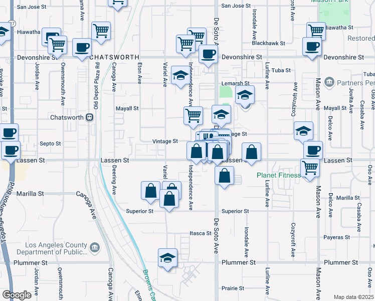 map of restaurants, bars, coffee shops, grocery stores, and more near 9901 Independence Avenue in Los Angeles