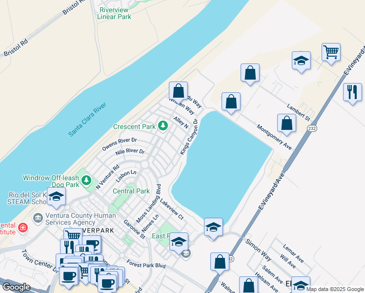 map of restaurants, bars, coffee shops, grocery stores, and more near 3491 Kings Canyon Drive in Oxnard