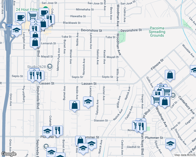 map of restaurants, bars, coffee shops, grocery stores, and more near 14928 Septo Street in Los Angeles