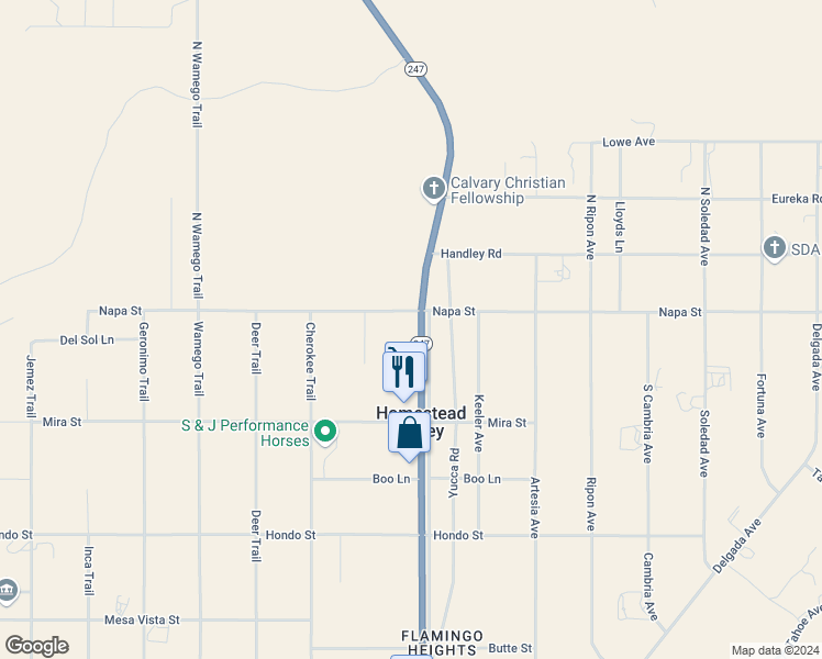 map of restaurants, bars, coffee shops, grocery stores, and more near 57840 Twentynine Palms Highway in Yucca Valley