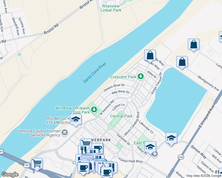 map of restaurants, bars, coffee shops, grocery stores, and more near 708 Owens River Drive in Oxnard