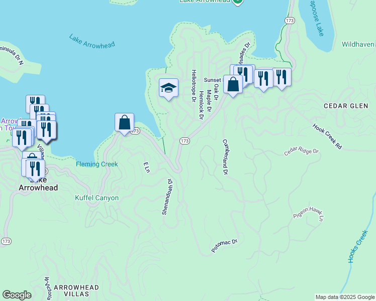 map of restaurants, bars, coffee shops, grocery stores, and more near 156 Fremont Road in Lake Arrowhead