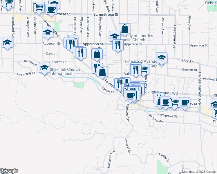 map of restaurants, bars, coffee shops, grocery stores, and more near 7370 Foothill Boulevard in Los Angeles