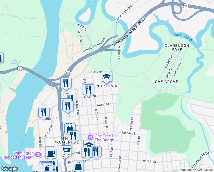 map of restaurants, bars, coffee shops, grocery stores, and more near 813 Nixon Street in Wilmington
