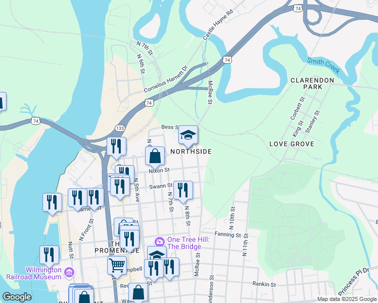 map of restaurants, bars, coffee shops, grocery stores, and more near 813 Nixon Street in Wilmington