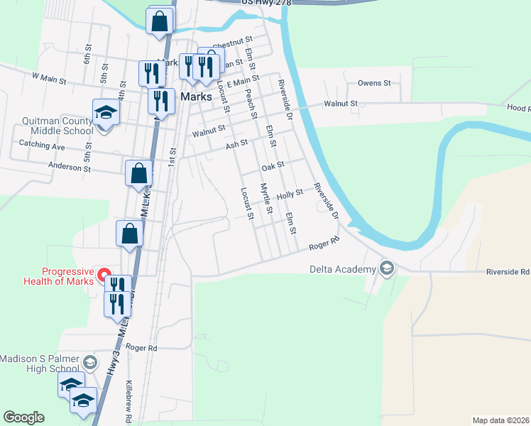 map of restaurants, bars, coffee shops, grocery stores, and more near 300 Holly Street in Marks
