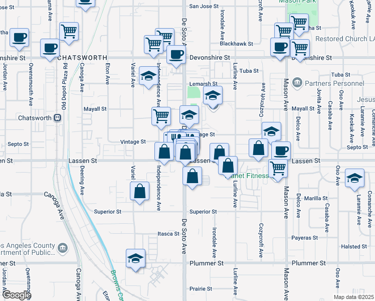 map of restaurants, bars, coffee shops, grocery stores, and more near 9920 De Soto Avenue in Los Angeles